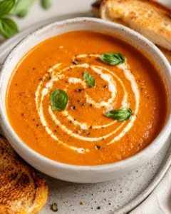 creamy orange tomato soup in a white bowl, swirled with cream and garnished with basil.