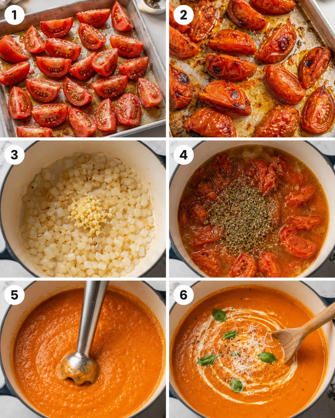 Step-by-step process of roasting tomatoes, sautéing, blending, and finishing the soup