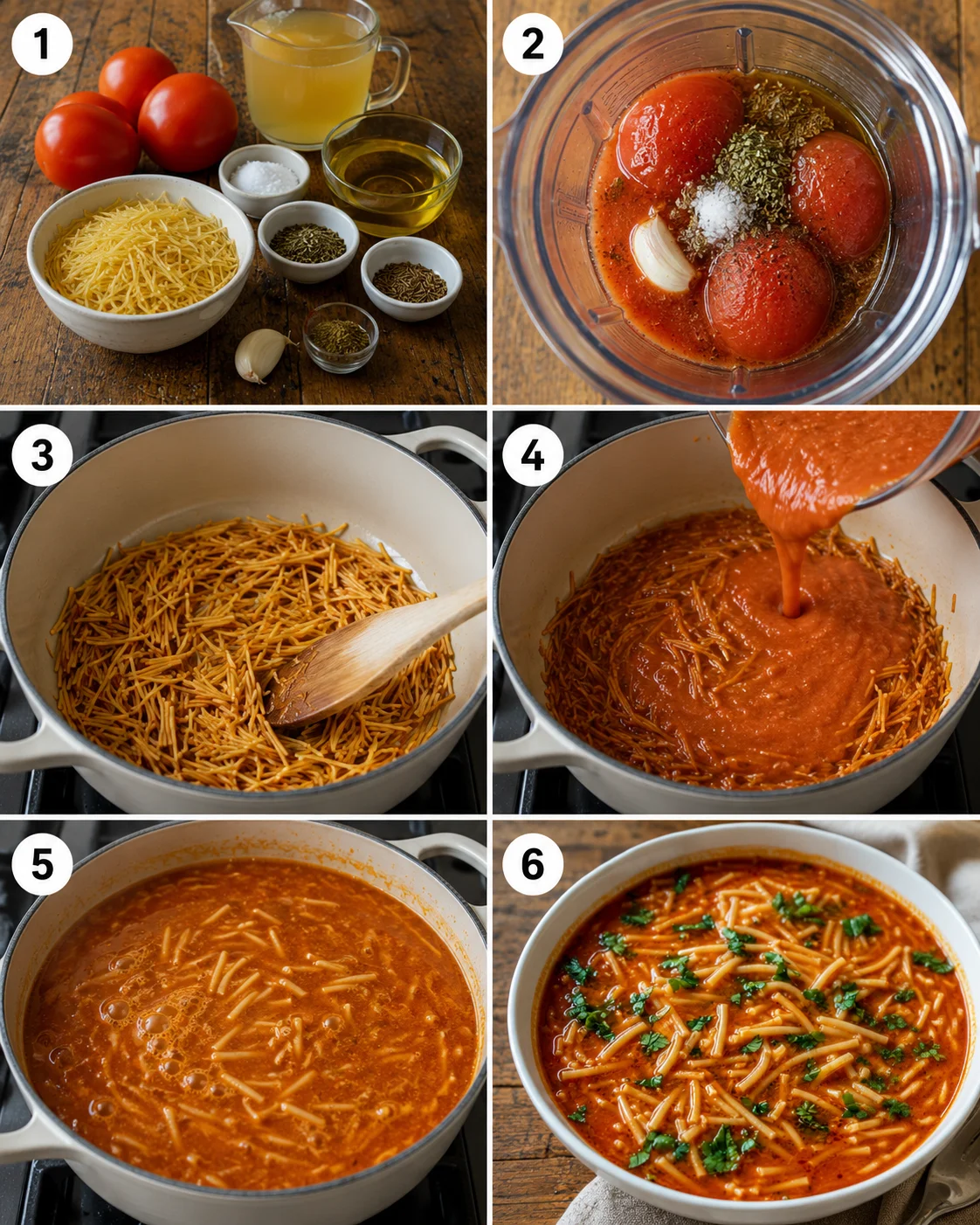 Step-by-step process of preparing traditional sopa de fideo with tomatoes and noodles