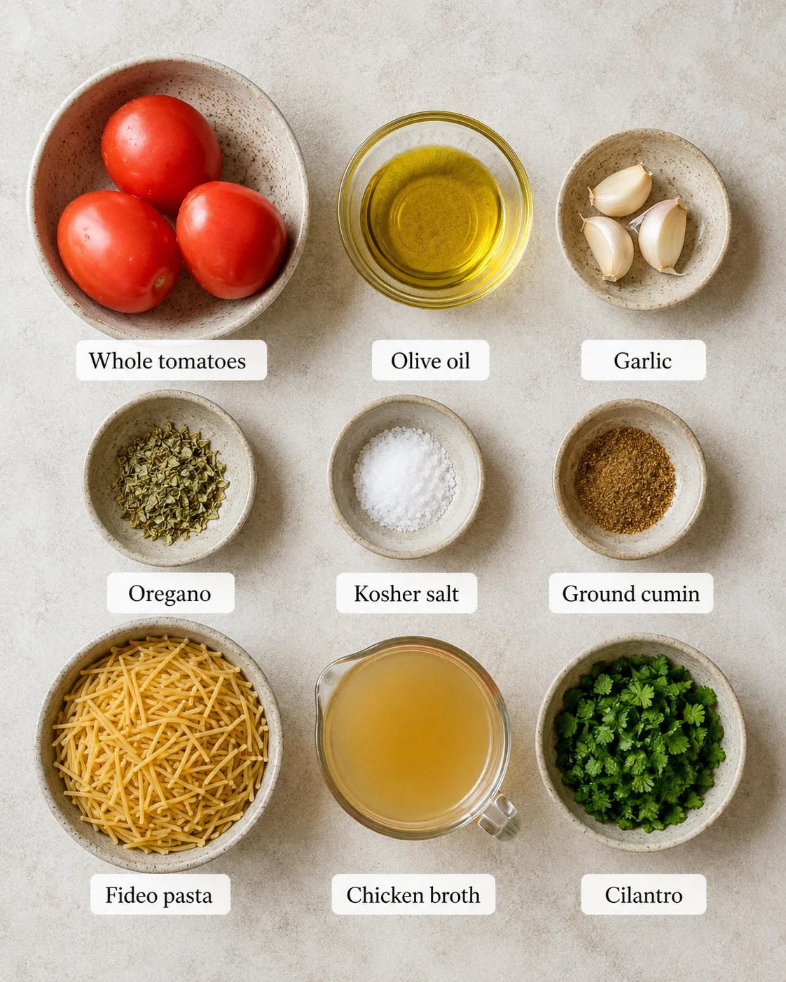 Assorted fresh ingredients and spices for making sopa de fideo soup.