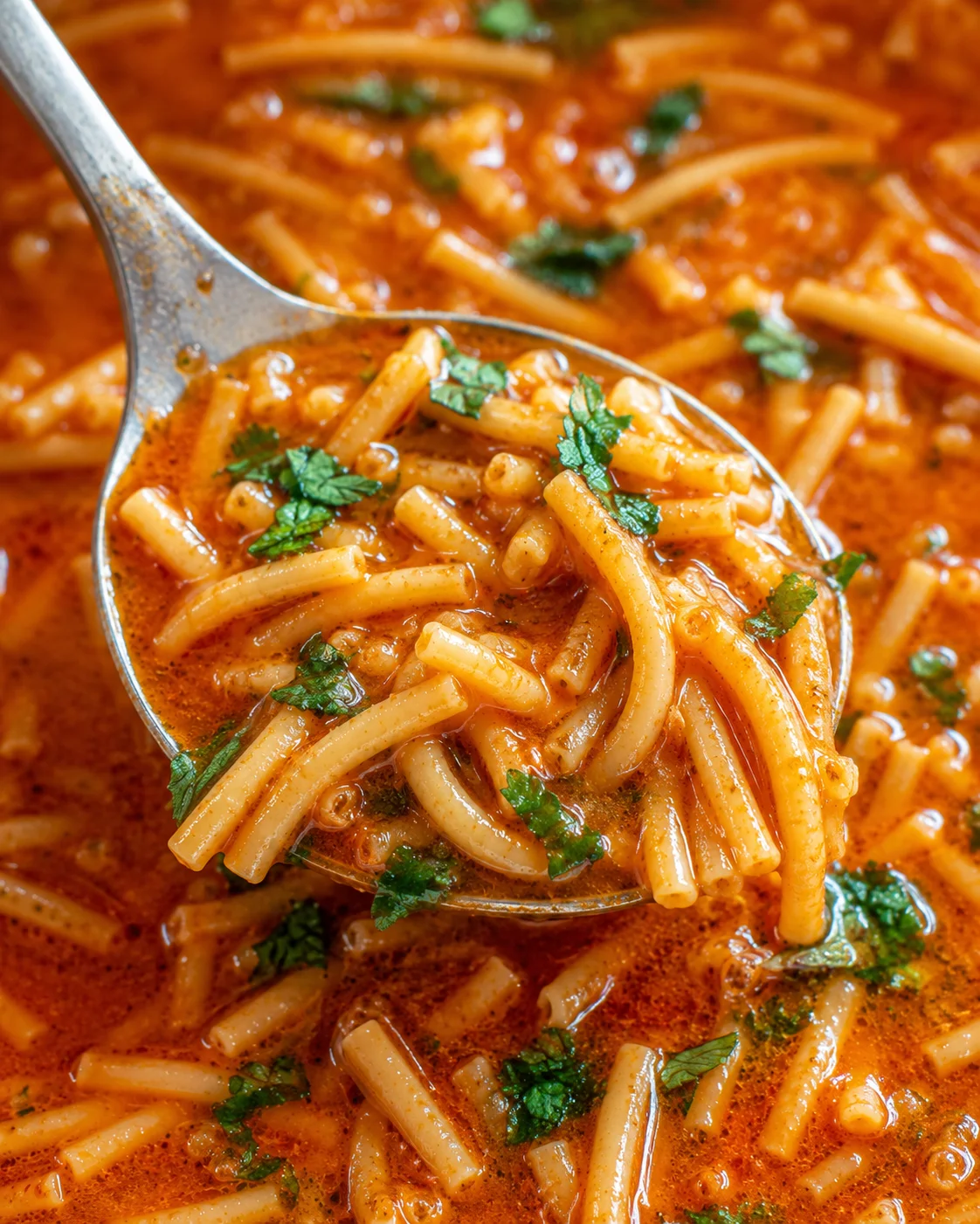 Close-up of a spoonful of flavorful sopa de fideo garnished with cilantro.