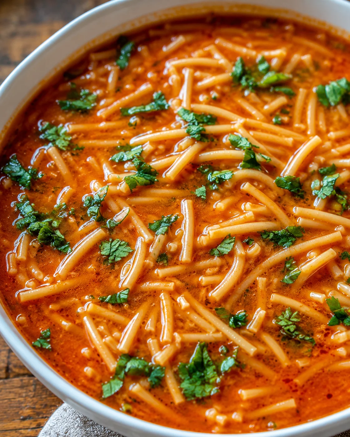 Delicious and comforting sopa de fideo served in a bowl, garnished with cilantro.