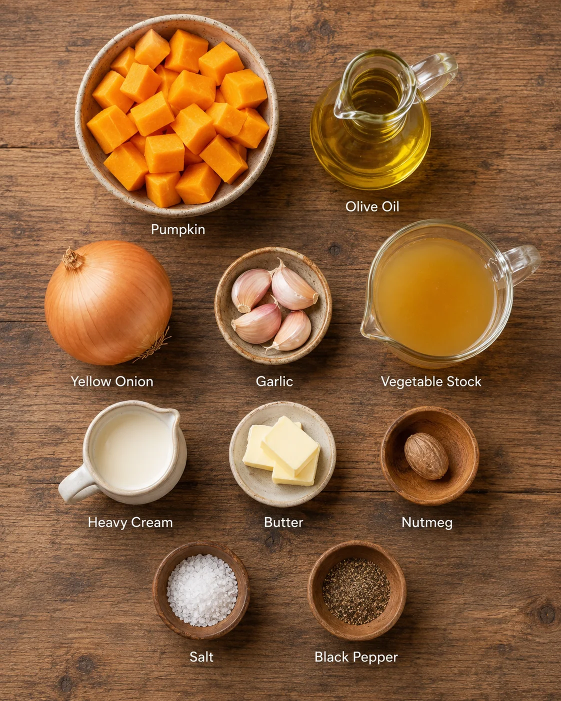 Top-down arrangement of ingredients for Gordon Ramsay pumpkin soup: cubed pumpkin, olive oil, onion, garlic, vegetable stock, cream, butter, nutmeg, salt andpep