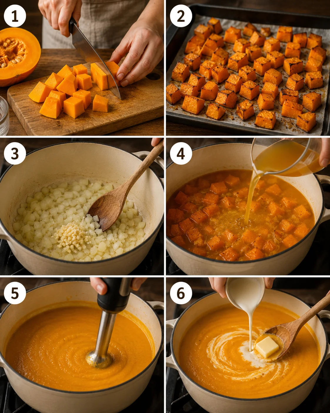 Six-panel collage showing preparation steps for Gordon Ramsay pumpkin soup: chopping, roasting, sautéing, adding stock, blending, and finishing with cream andb