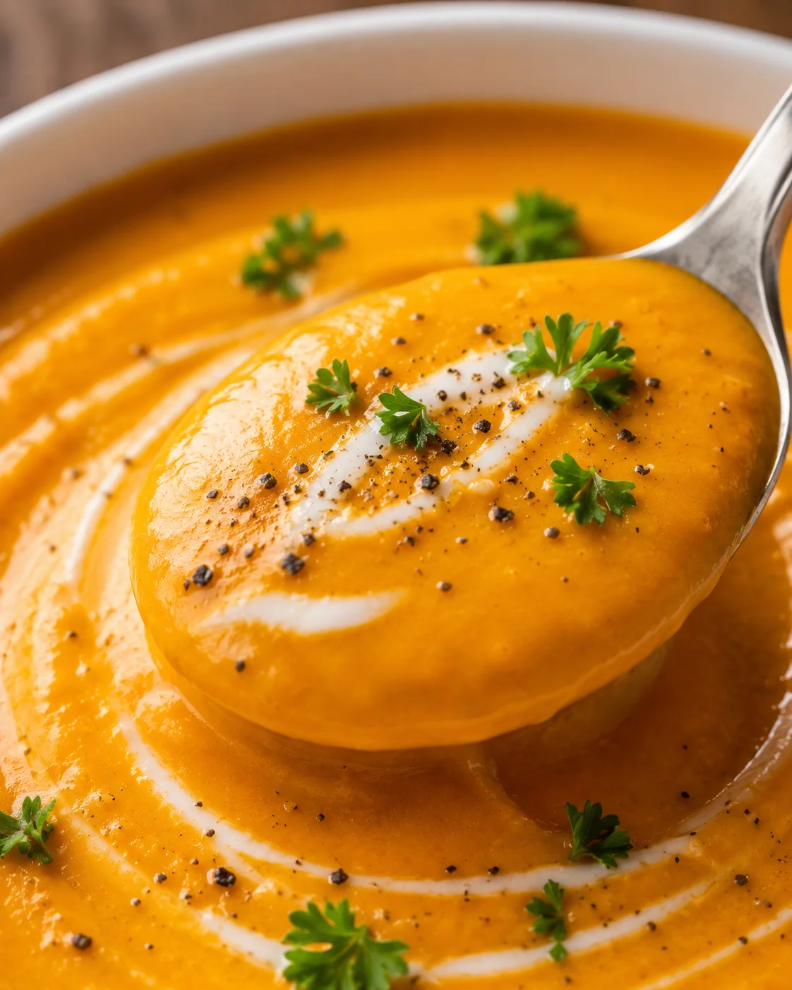 Close-up detail of a spoonful of pumpkin soup showing silky texture, cream streak and black pepper