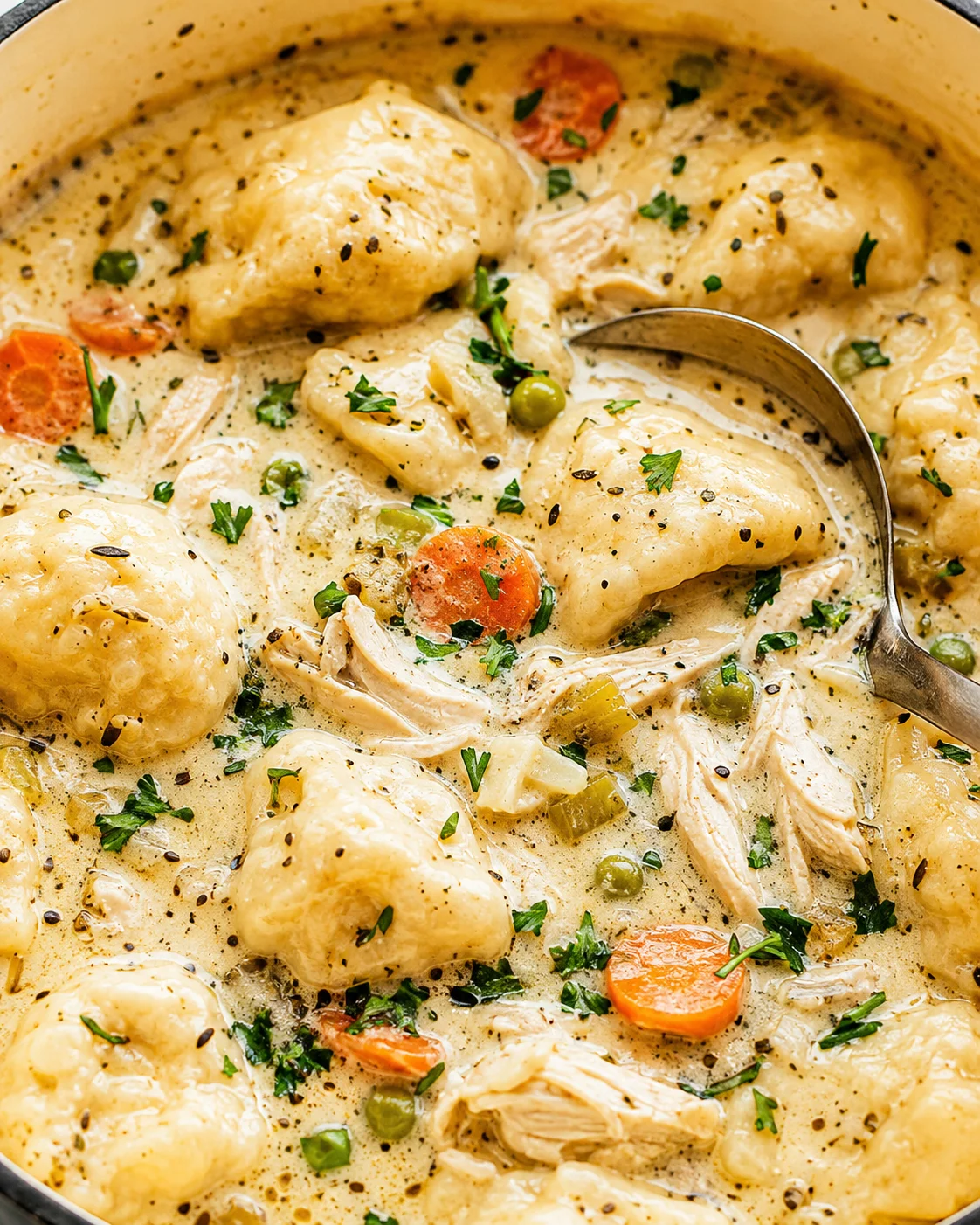 Close-up overhead of rotisserie chicken dumpling soup with dumplings, shredded chicken, carrots and peas in creamy broth