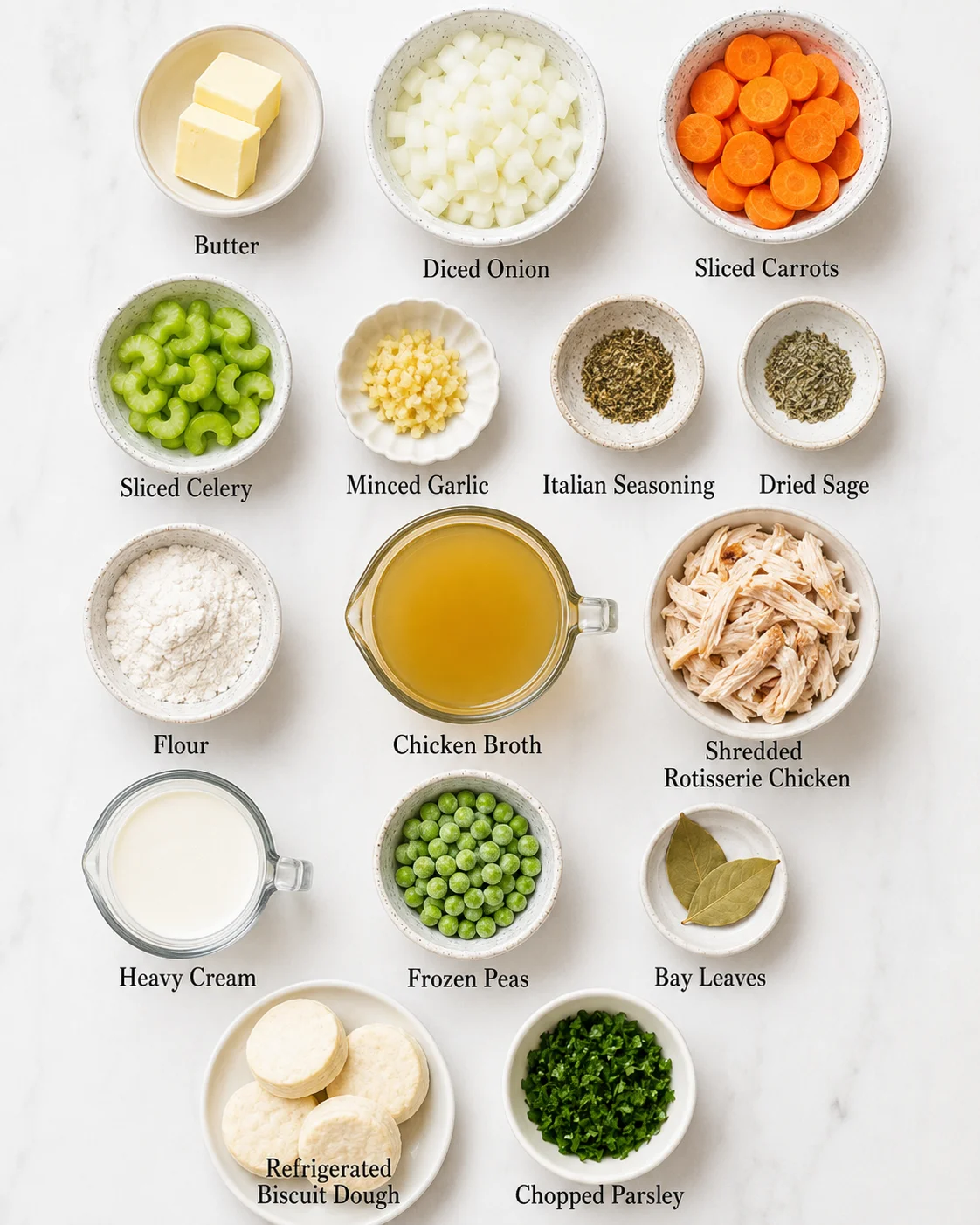 Top-down layout of ingredients for rotisserie chicken dumpling soup including vegetables, broth, cream and biscuit dough