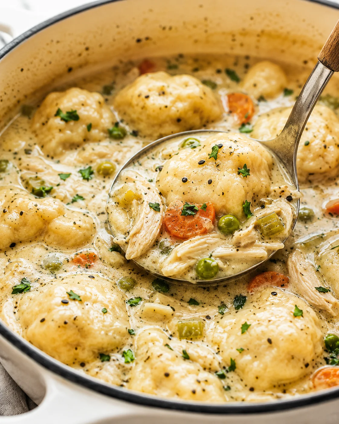 Ladle lifting a dumpling and shredded chicken from rotisserie chicken dumpling soup