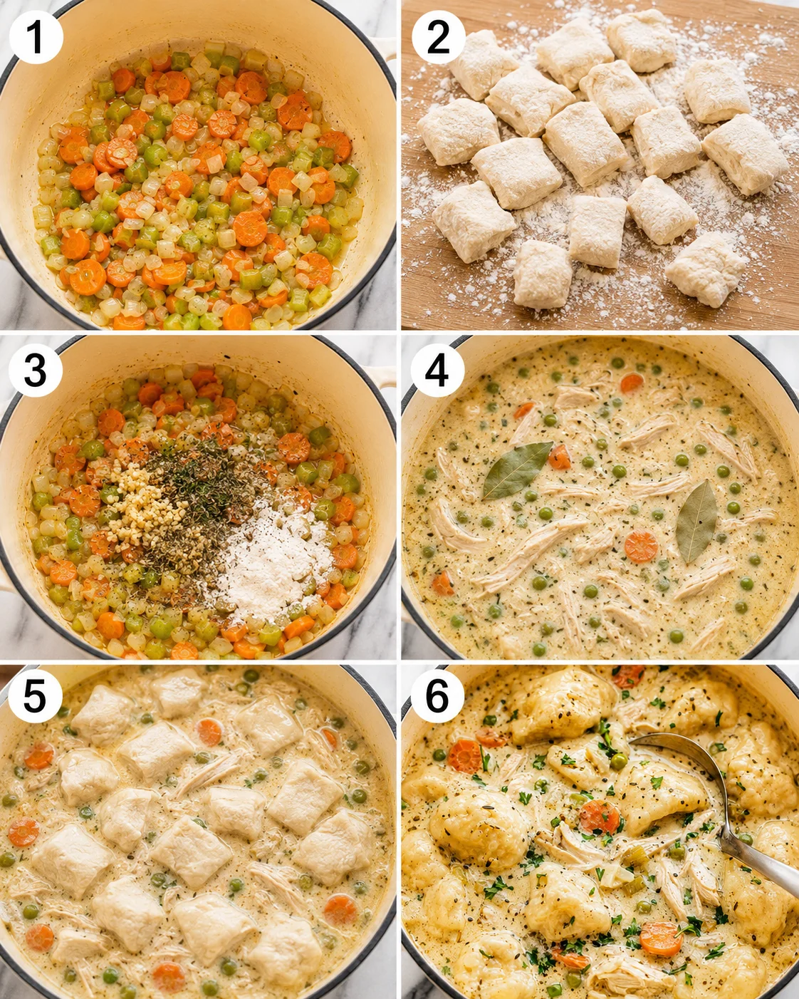 Six-frame collage showing cooking steps for rotisserie chicken dumpling soup from sautéing vegetables to simmering dumplings