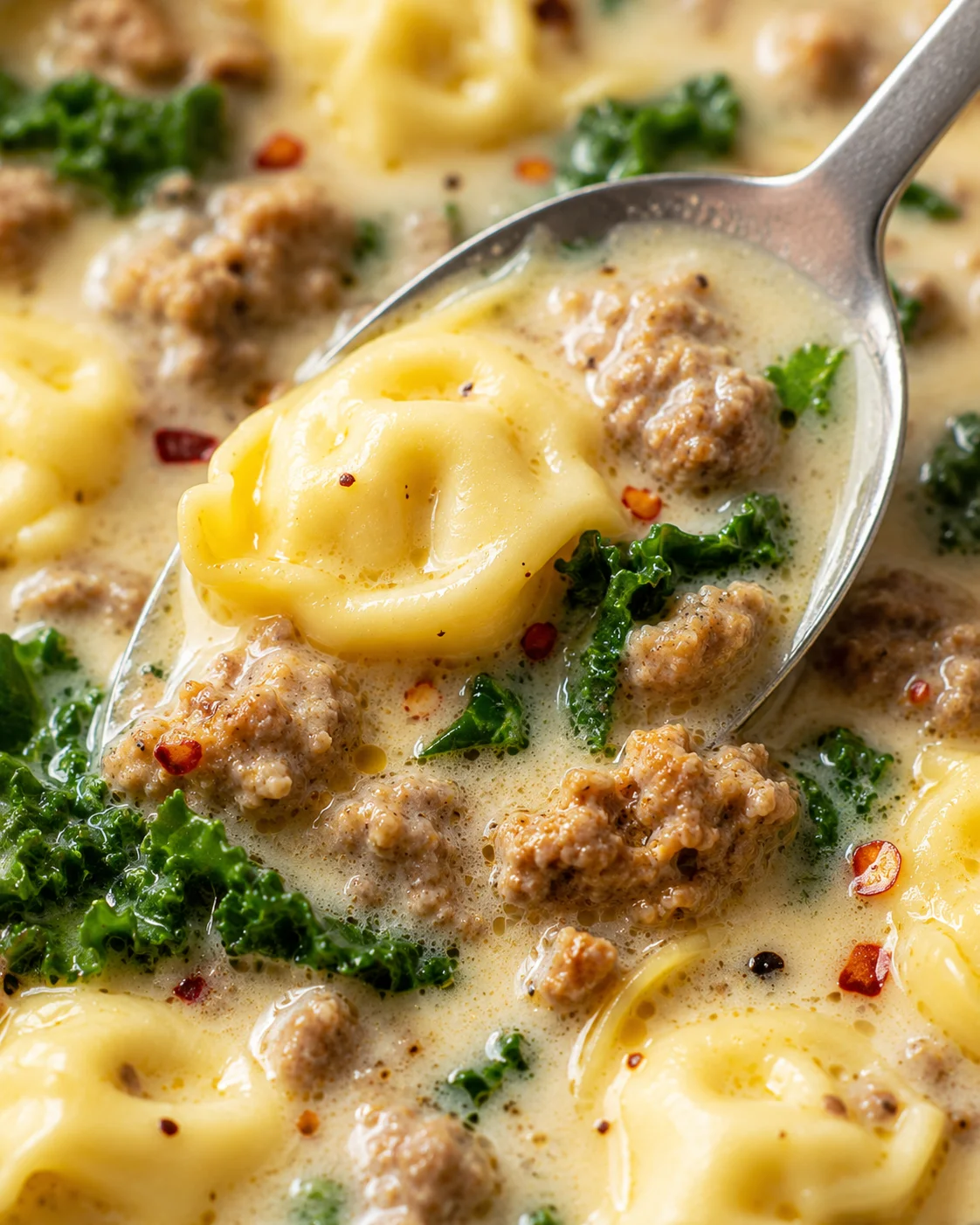 Close-up detail of tortellini, sausage pieces, and kale in creamy soup