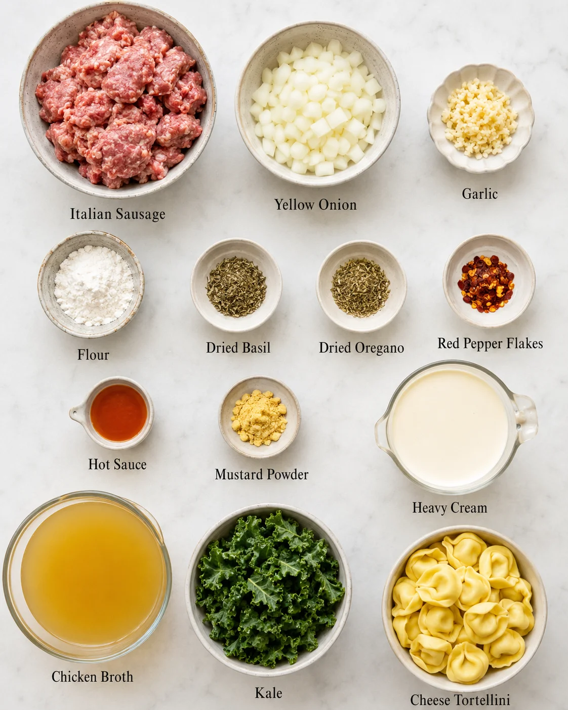 Top-down layout of ingredients for sausage tortellini soup including sausage, tortellini, kale and broth