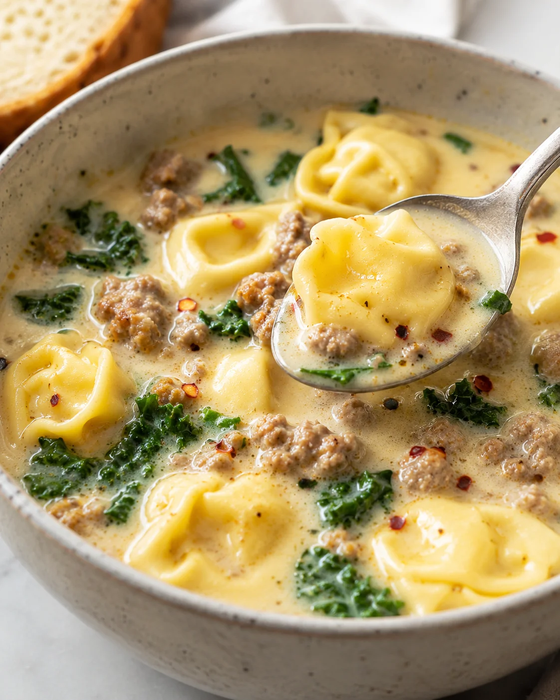 Spoon lifting a cheese tortellini from creamy sausage tortellini soup