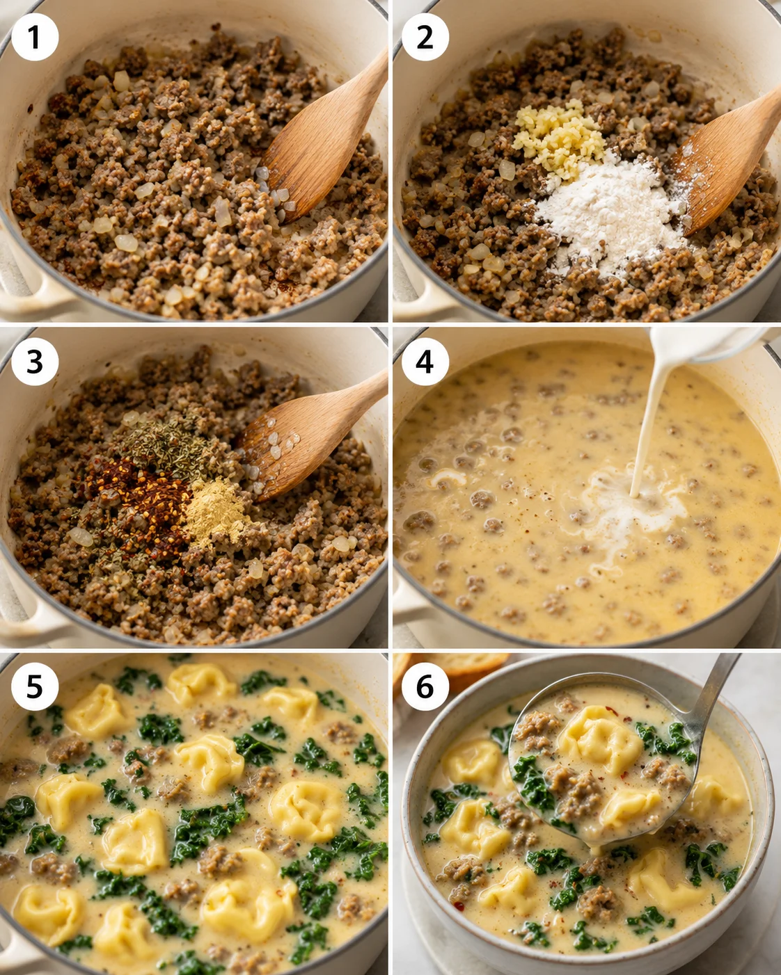 Six-frame process collage showing browning sausage, adding seasonings, pouring cream, and finished soup