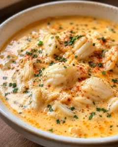 Extreme close-up of lump crab pieces and creamy she crab soup showing texture and oil droplets