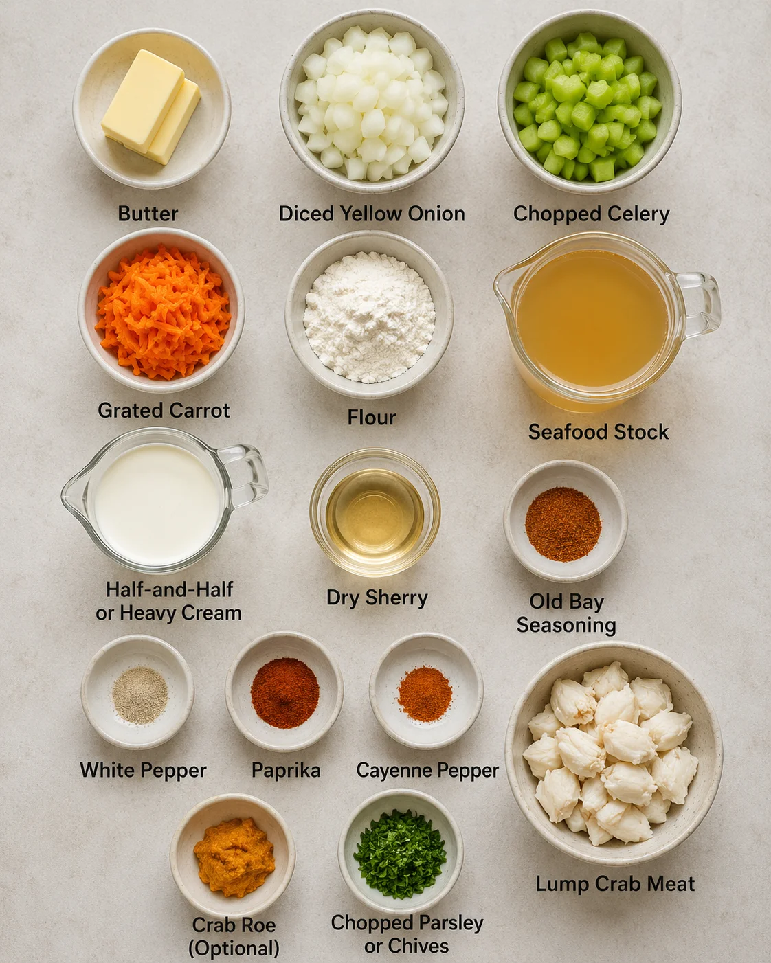 Top-down arrangement of measured ingredients for she crab soup including butter, onion, celery, flour, stock, cream, spices, and lump crab
