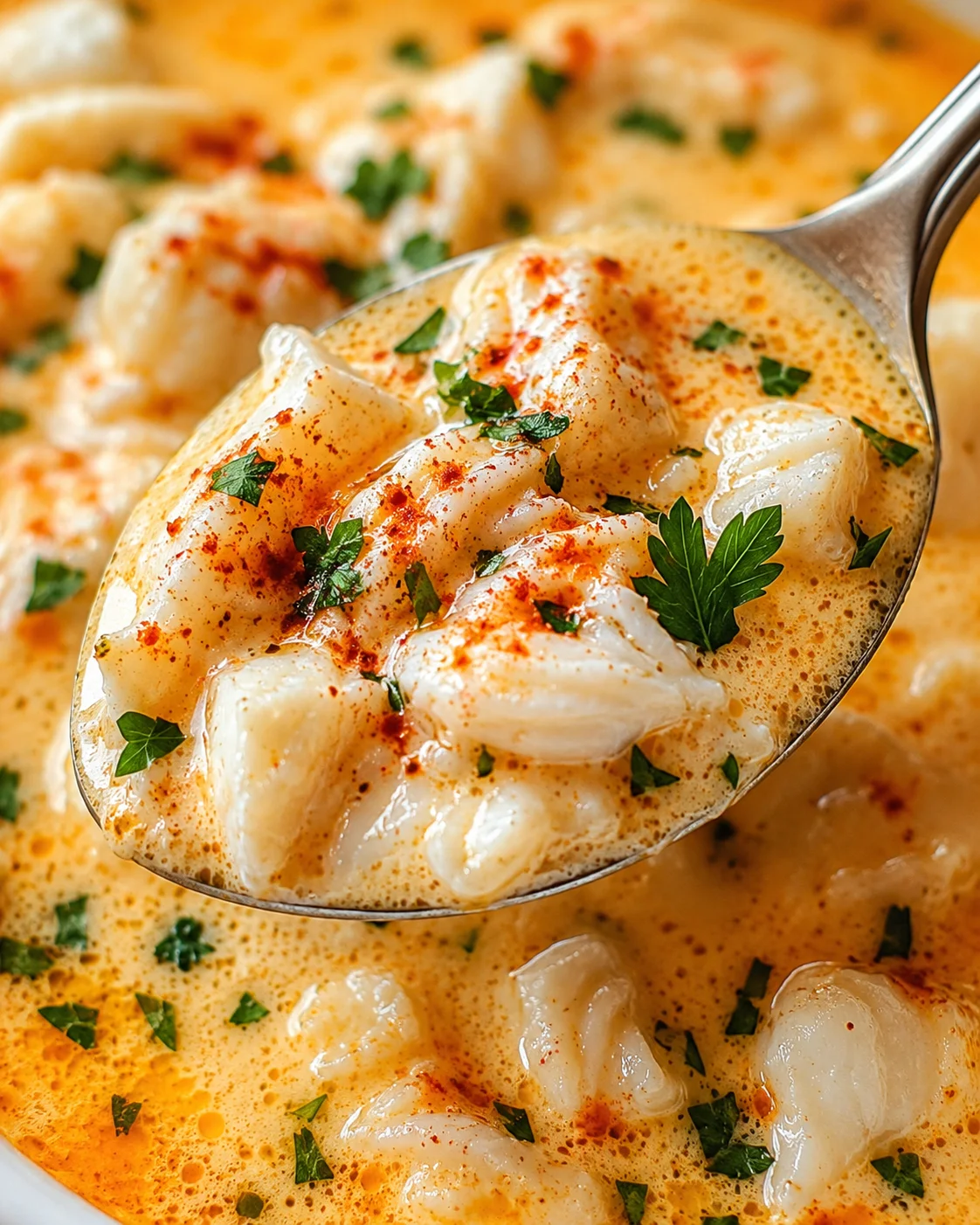 Close-up spoonful of she crab soup showing lump crab, creamy broth, paprika, and parsley