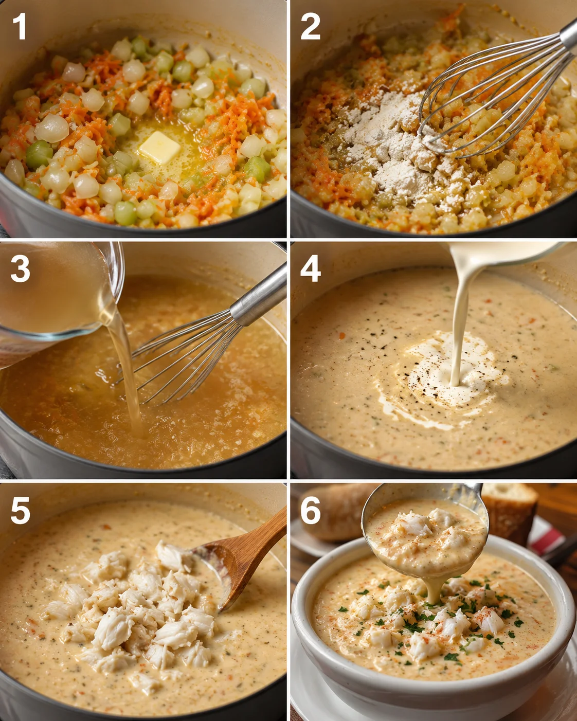 Six-panel step-by-step photos showing sautéing vegetables, adding flour, pouring stock, stirring in cream, adding crab, and ladling finished she crab soup