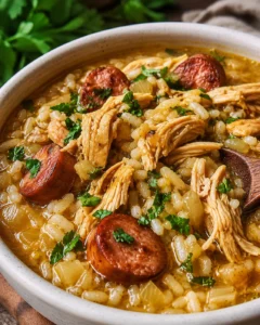 Bowl of Southern Chicken Bog with shredded chicken, sliced smoked sausage, rice and chopped parsley