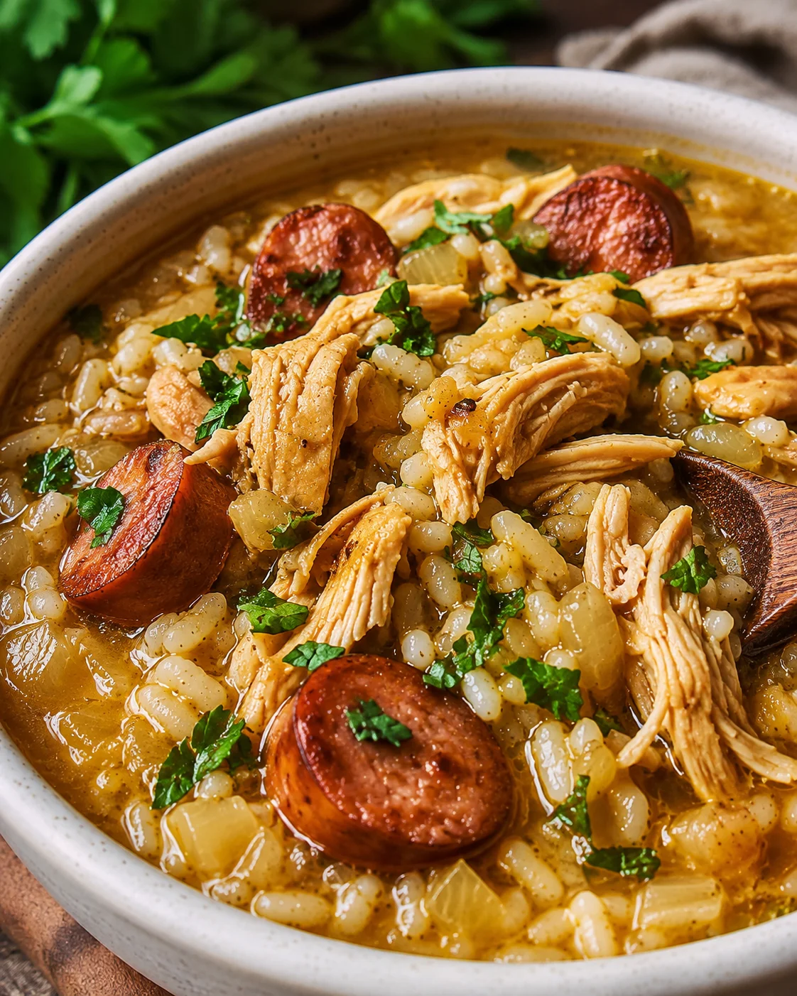 Bowl of Southern Chicken Bog with shredded chicken, sliced smoked sausage, rice and chopped parsley
