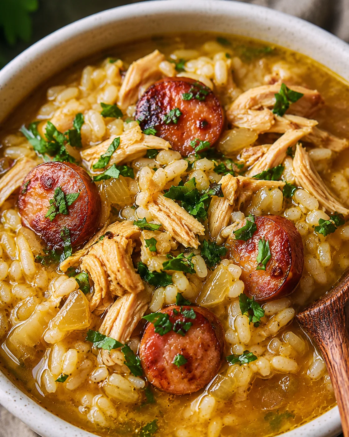 Close-up view of Southern Chicken Bog showing rice grains, shredded chicken, sausage slices and parsley