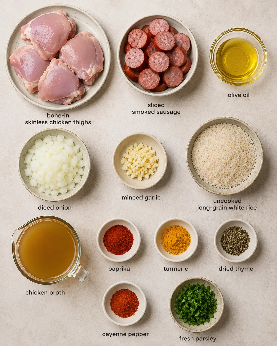 Top-down layout of ingredients for Southern Chicken Bog including chicken thighs, sliced smoked sausage, rice, onion, garlic, spices and broth