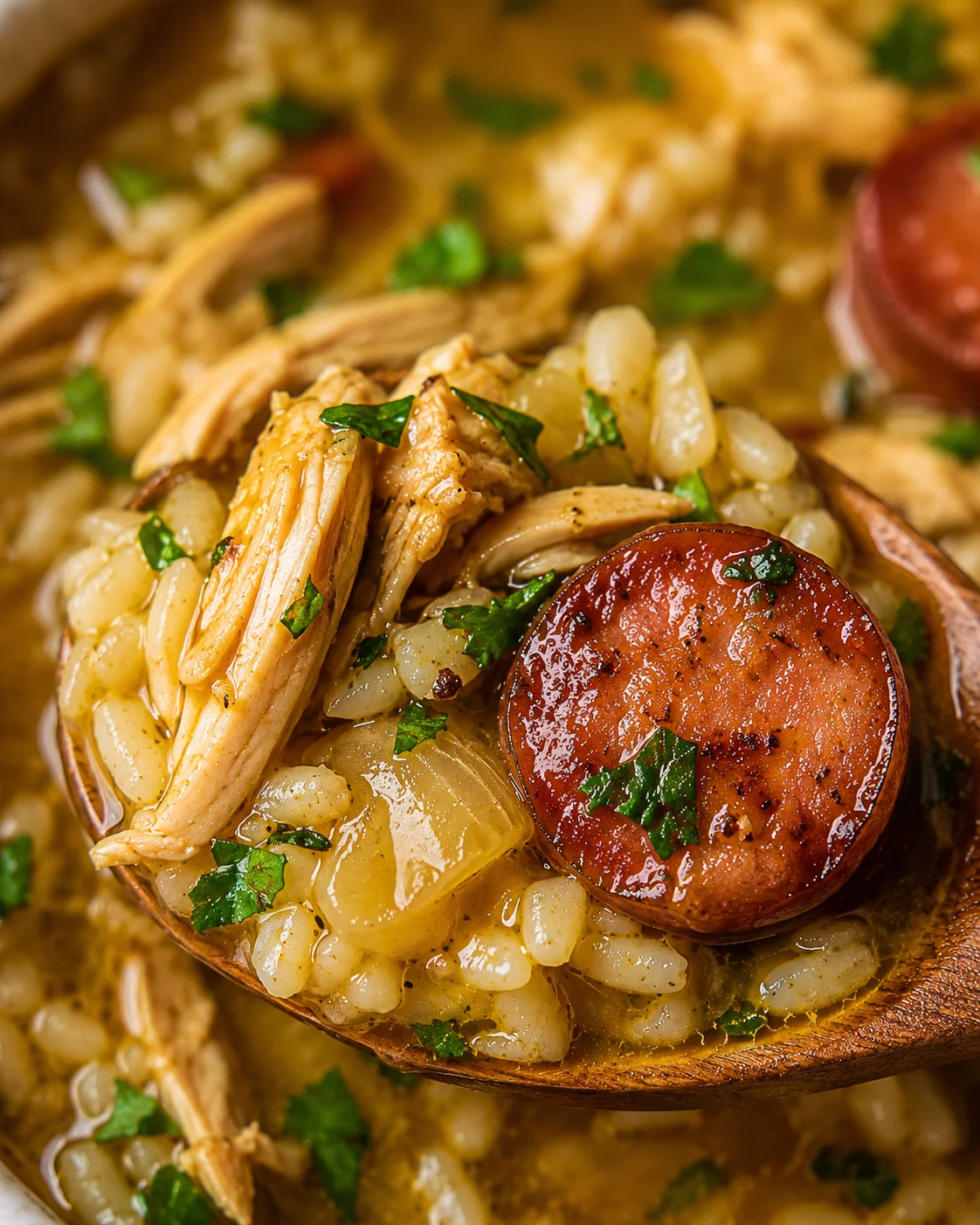 Wooden spoon holding a spoonful of Southern Chicken Bog with rice, shredded chicken and a sausage slice