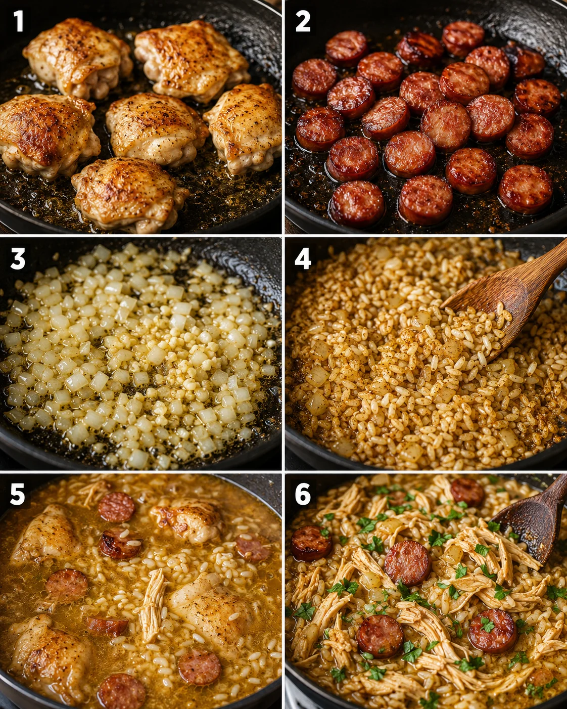 Six-panel collage showing steps: searing chicken, browning sausage, sautéing onions, toasting rice, simmering, and shredding chicken in Southern Chicken Bog