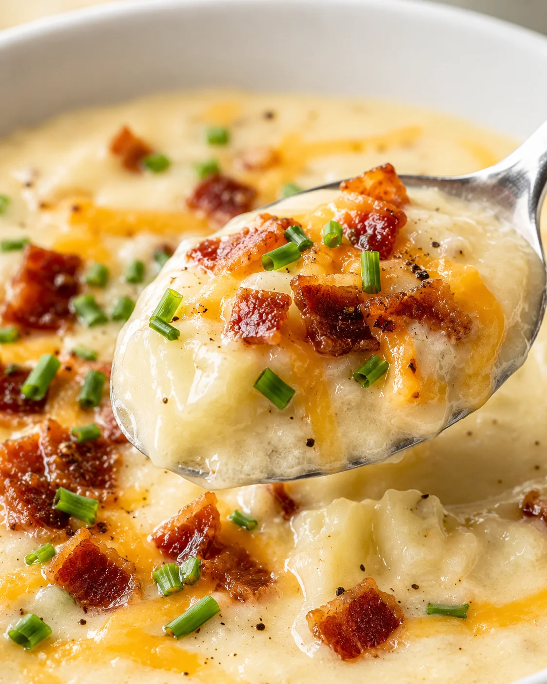 Spoonful of baked potato soup topped with melted cheddar, bacon, and chives
