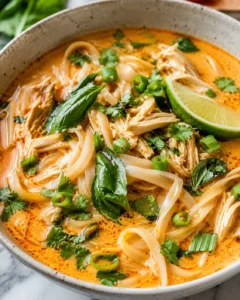 Bowl of Thai chicken curry soup with rice noodles, shredded chicken, basil, cilantro and a lime wedge