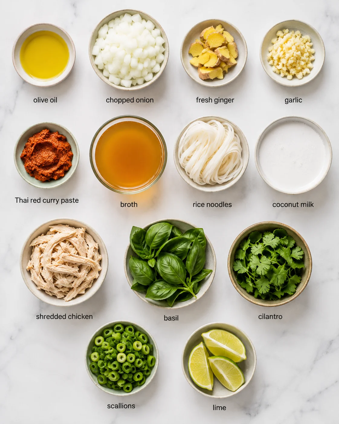 Top-down layout of ingredients for Thai chicken curry soup in small bowls