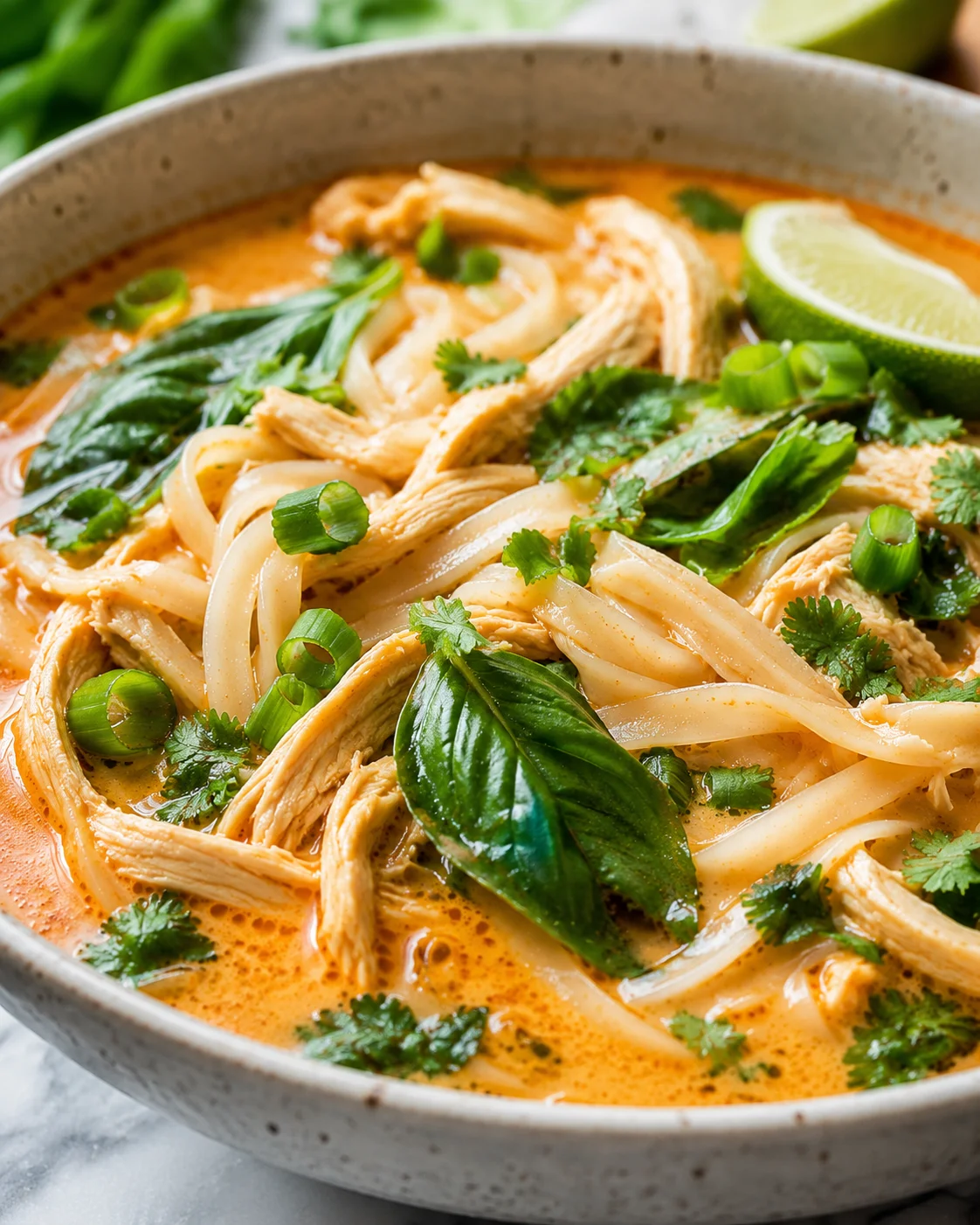 Side view of Thai chicken curry soup with noodles, shredded chicken, basil and lime