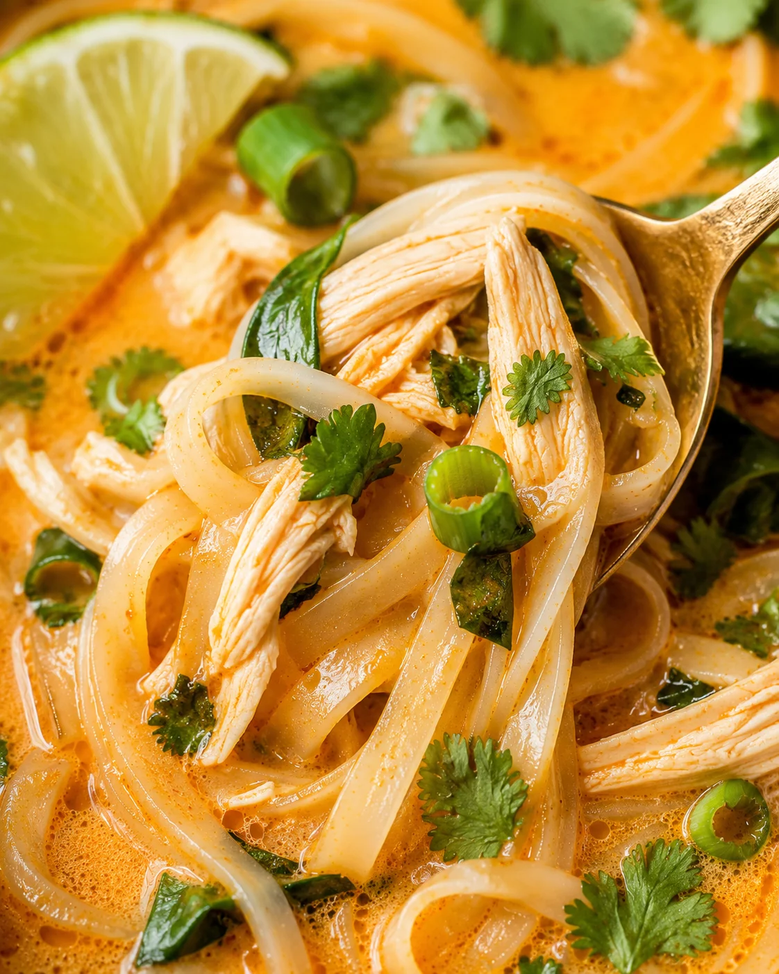 Spoonful of Thai chicken curry soup showing rice noodles, shredded chicken and herbs