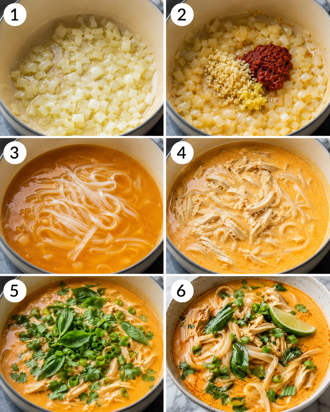 Six-panel collage showing the cooking steps for Thai chicken curry soup from sautéing onions to the finished bowl