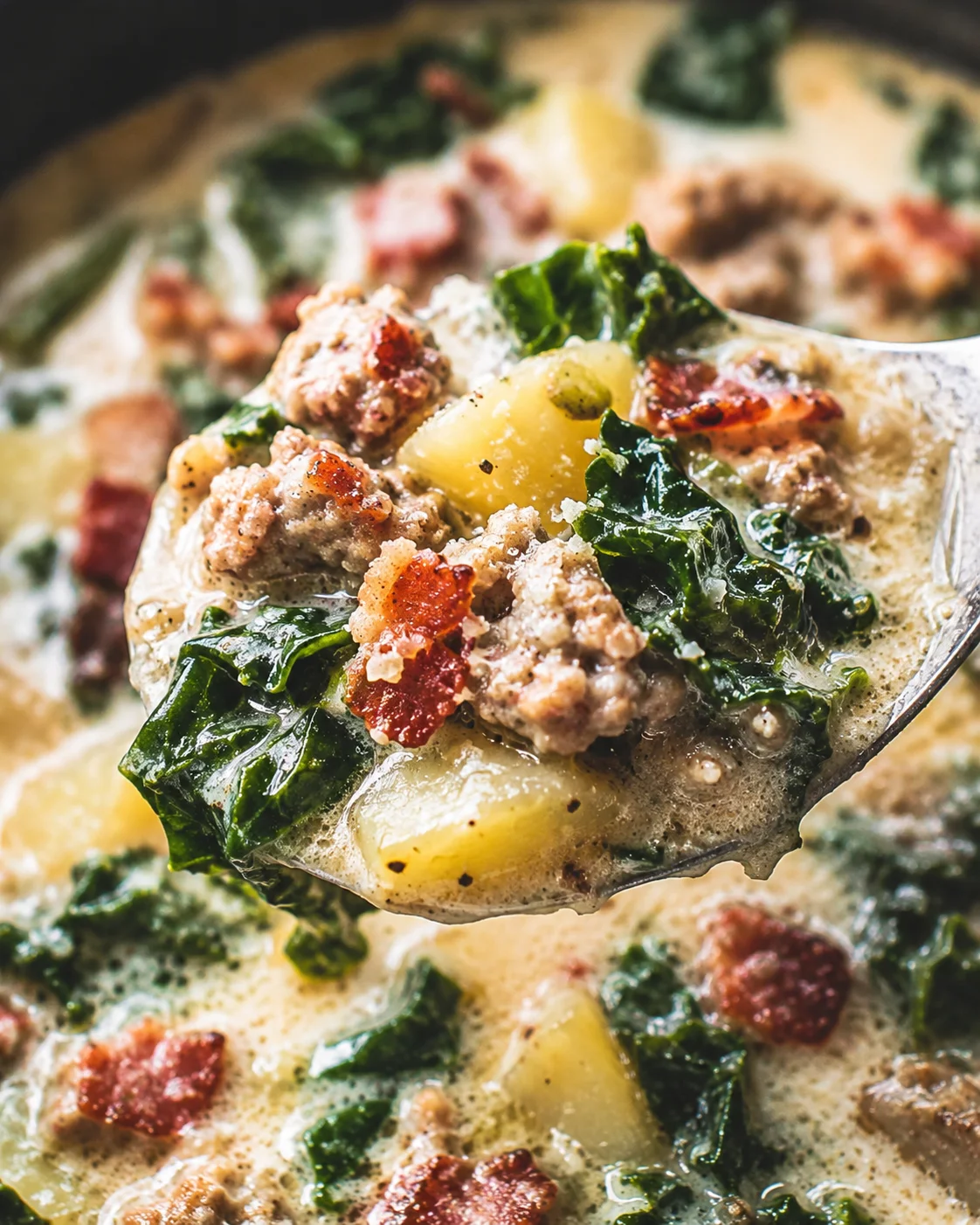 Close detail of Zuppa Toscana showing creamy broth, kale, sausage, potatoes, and bacon on a spoon