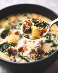 Spoon lifting a spoonful of Olive Garden Zuppa Toscana showing sausage, potato, and kale above a bowl