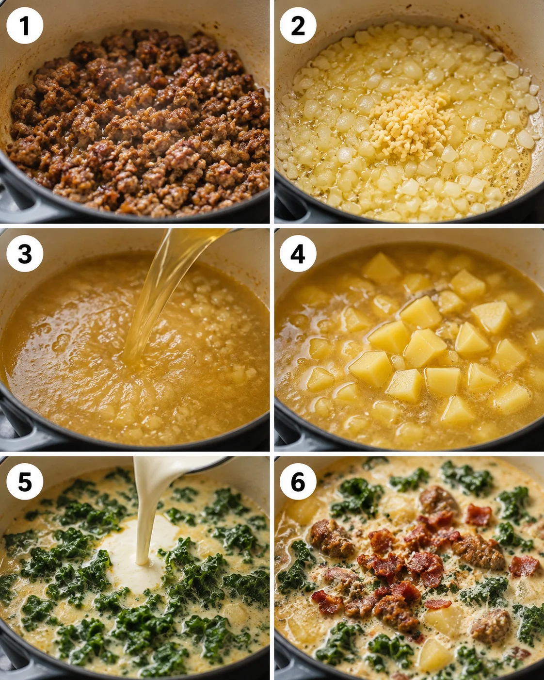Six-panel step-by-step photos showing browning sausage, sautéing onion and garlic, adding broth and potatoes, then cream and kale